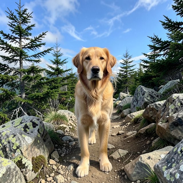 un golden retriever sur un sentier de montagne, sous un ciel bleu