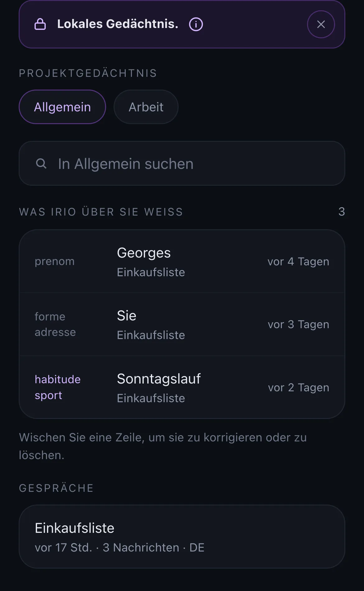 Gedächtnis-Bildschirm von IRIO