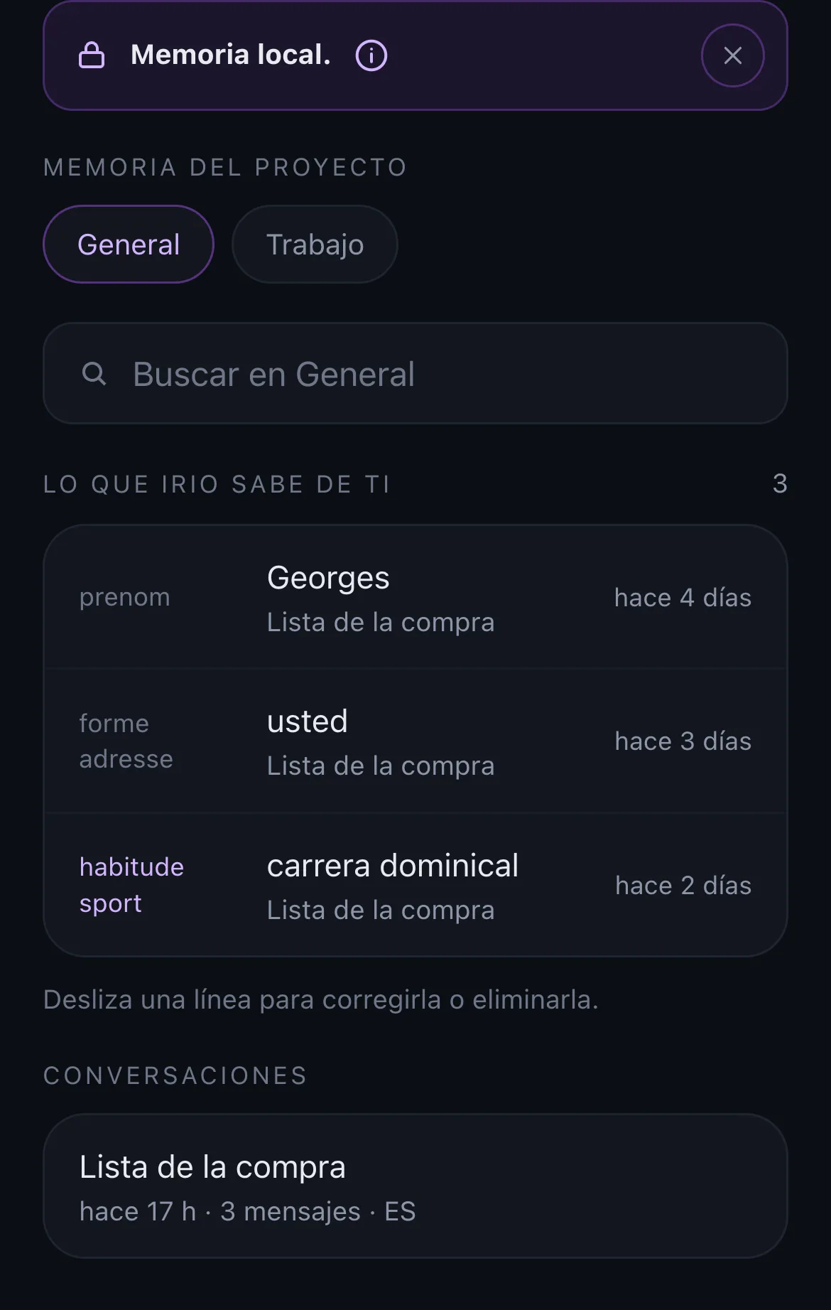 Pantalla de memoria de IRIO