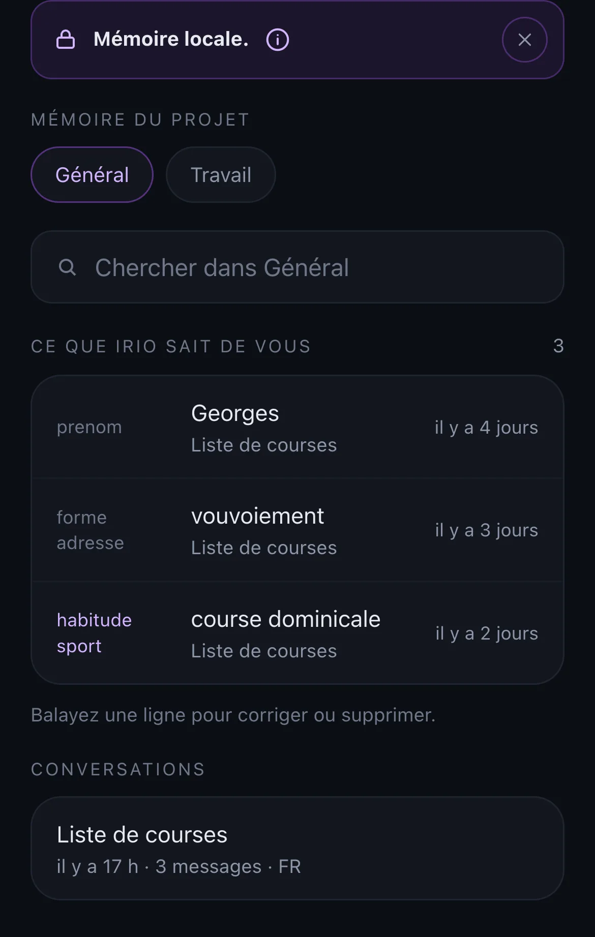 Écran mémoire d'IRIO