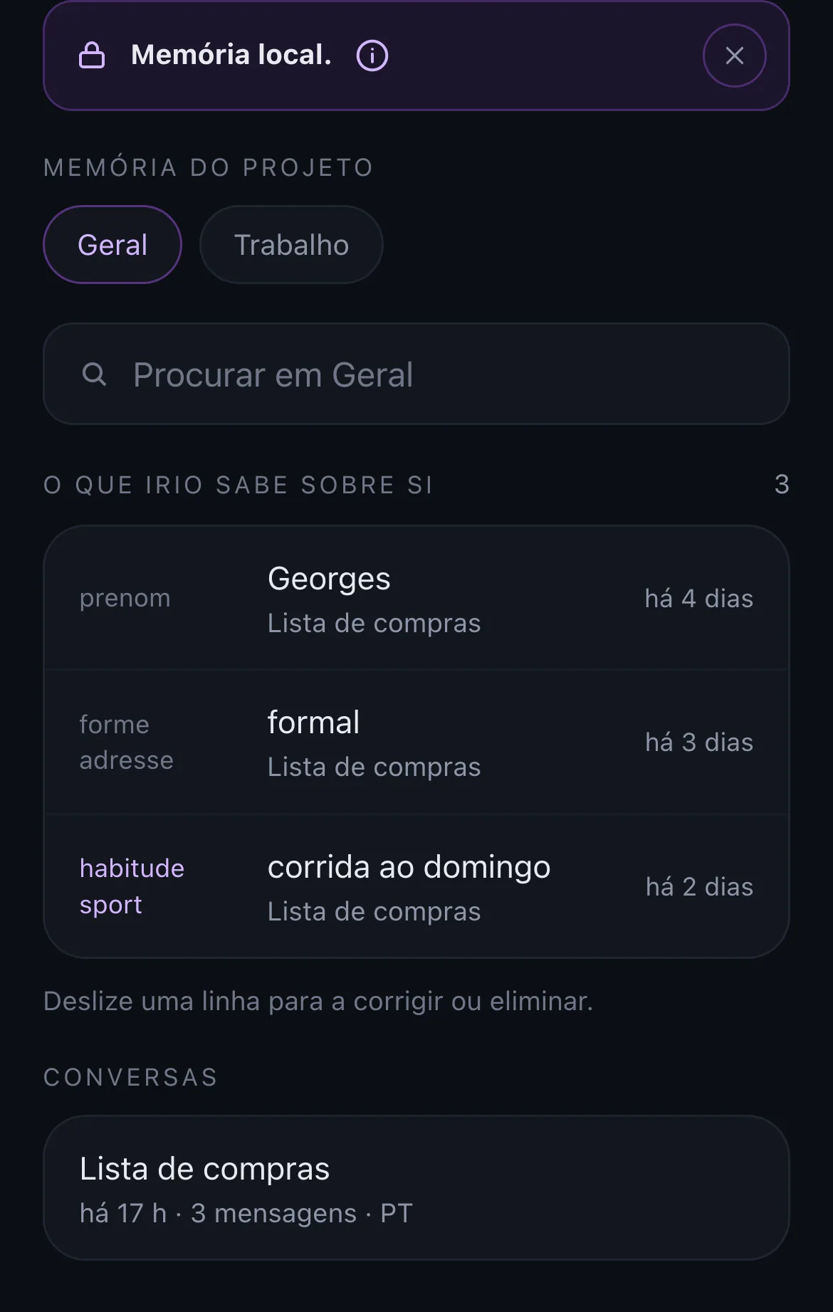 Ecrã de memória do IRIO
