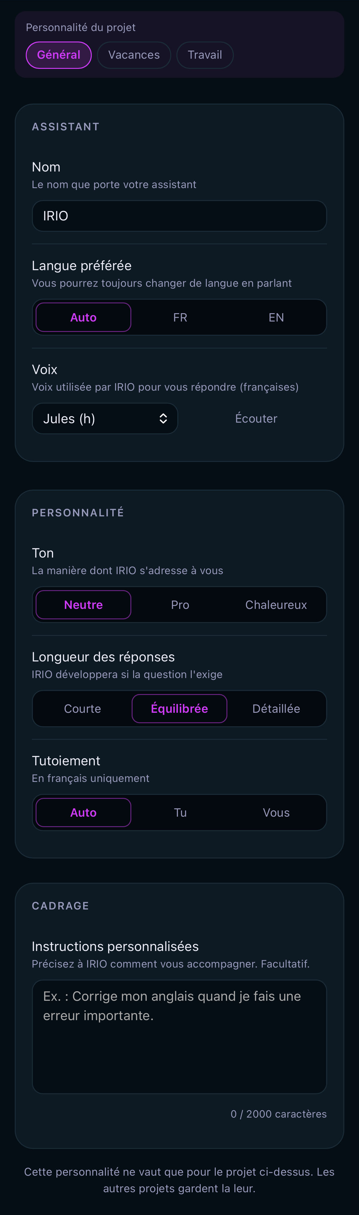 Réglages de personnalité d'IRIO