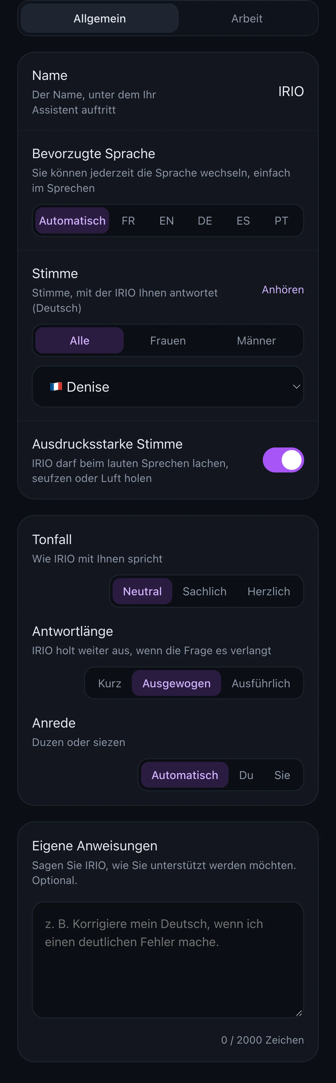 Persönlichkeitseinstellungen von IRIO