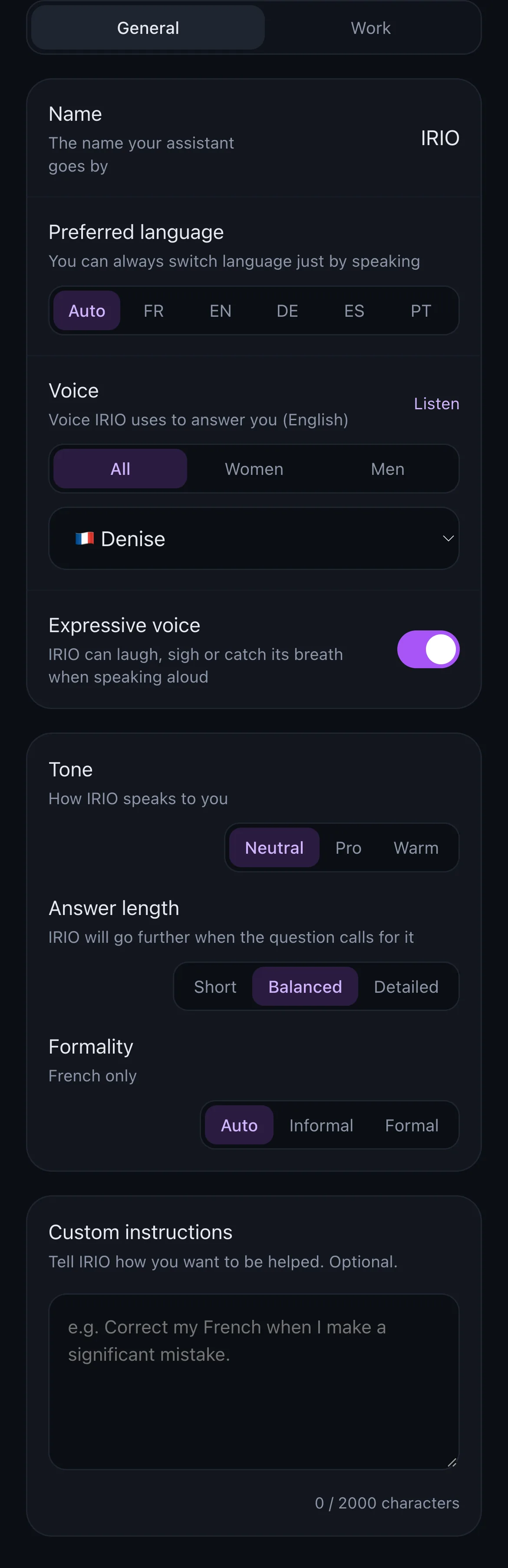 IRIO personality settings