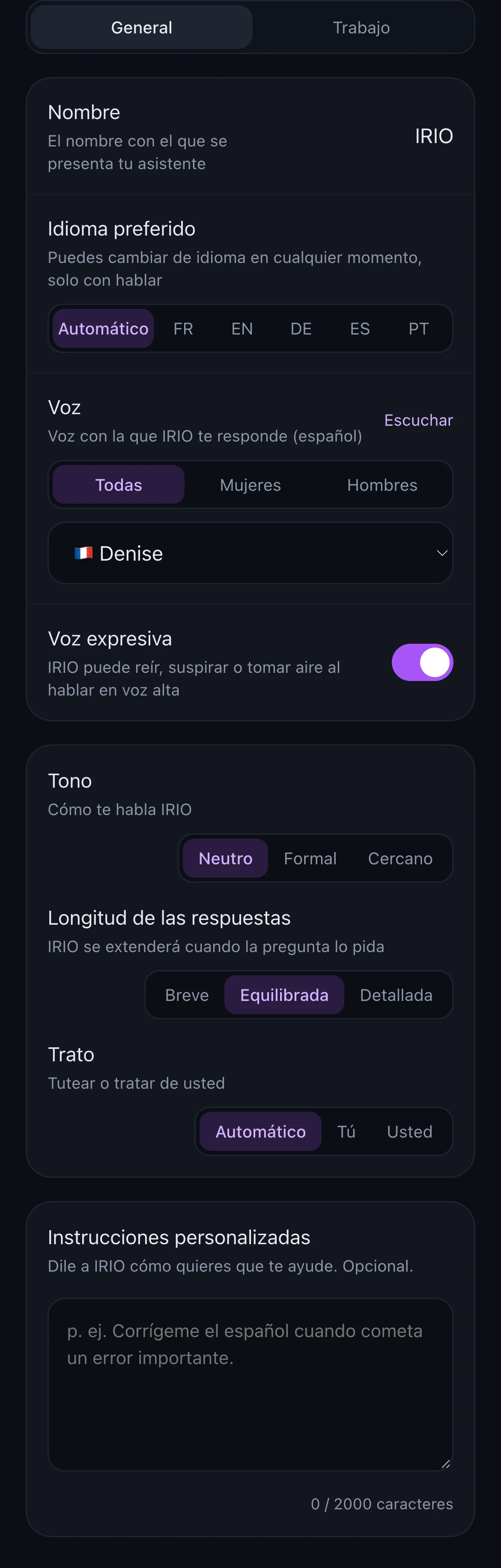 Ajustes de personalidad de IRIO