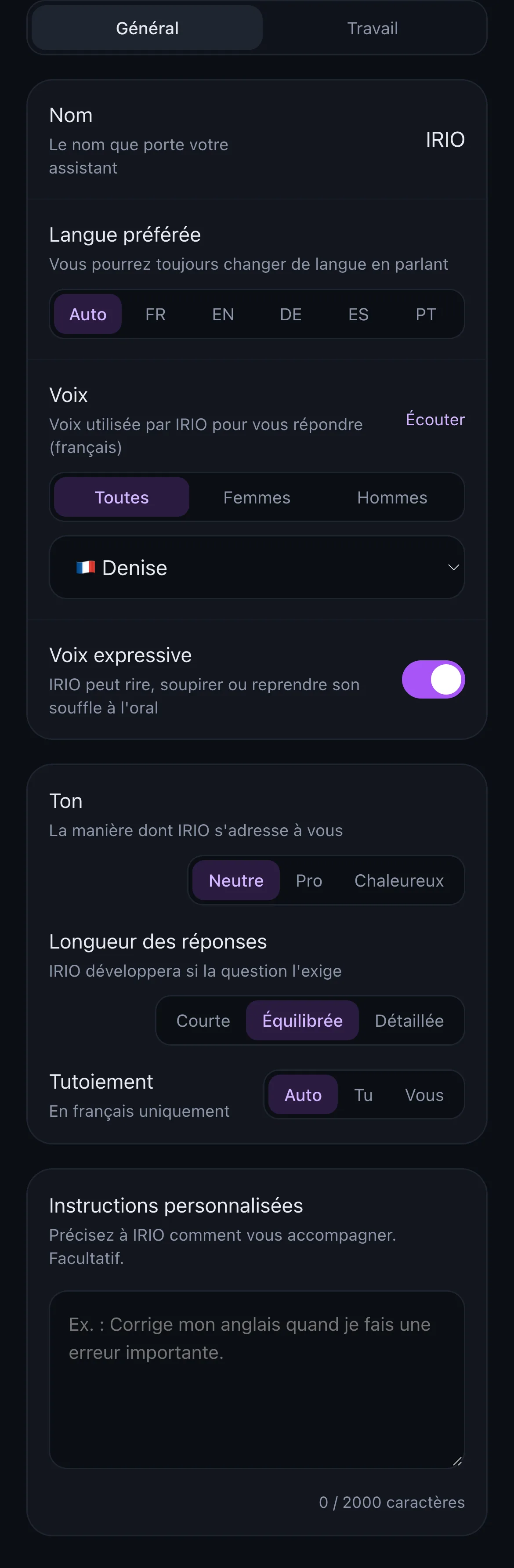 Réglages de personnalité d'IRIO