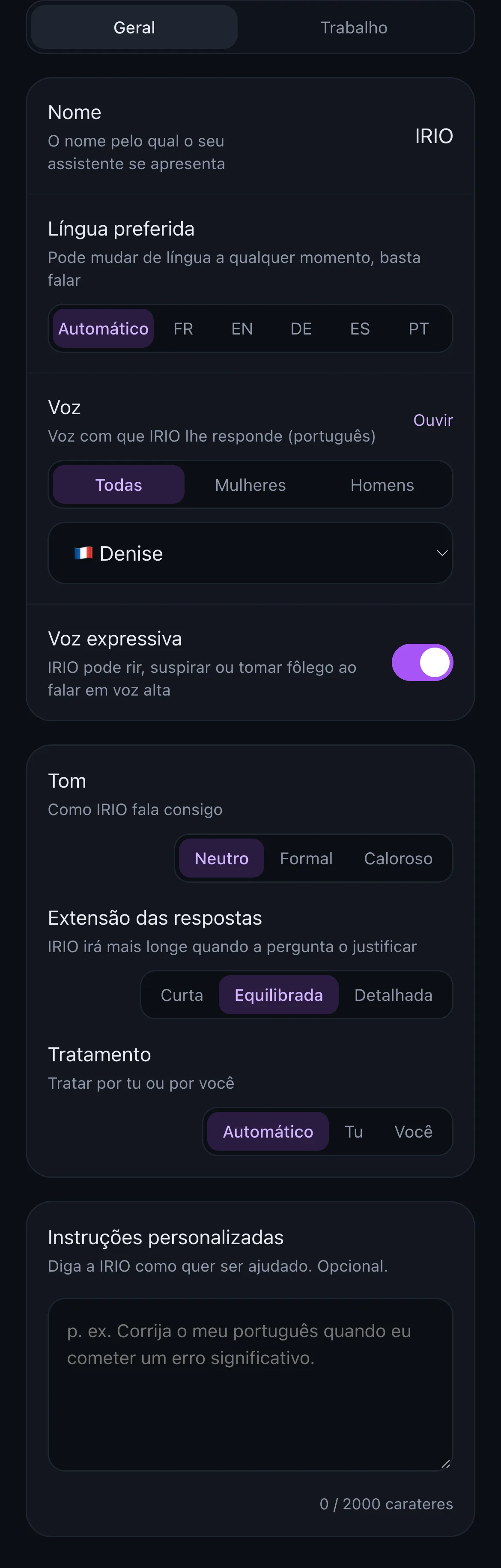 Definições de personalidade do IRIO