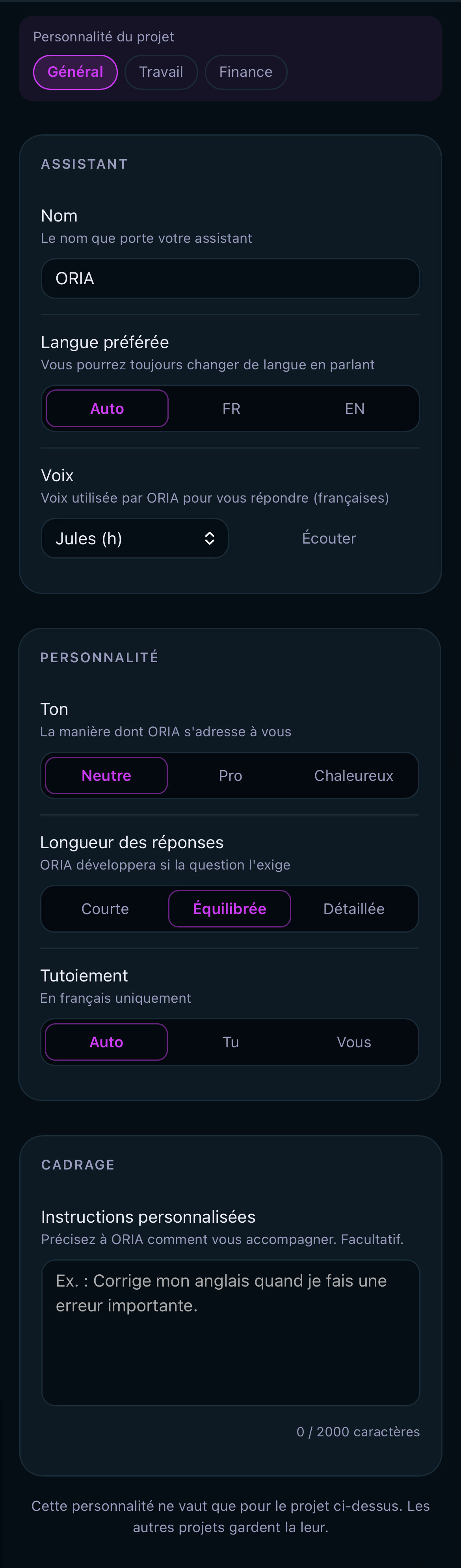 Réglages de personnalité d'IRIO